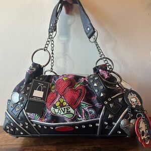 Ed Hardy Black Studded Shoulder Bag Canvas w/ Vegan Leather Rhinestone Heart NWT
